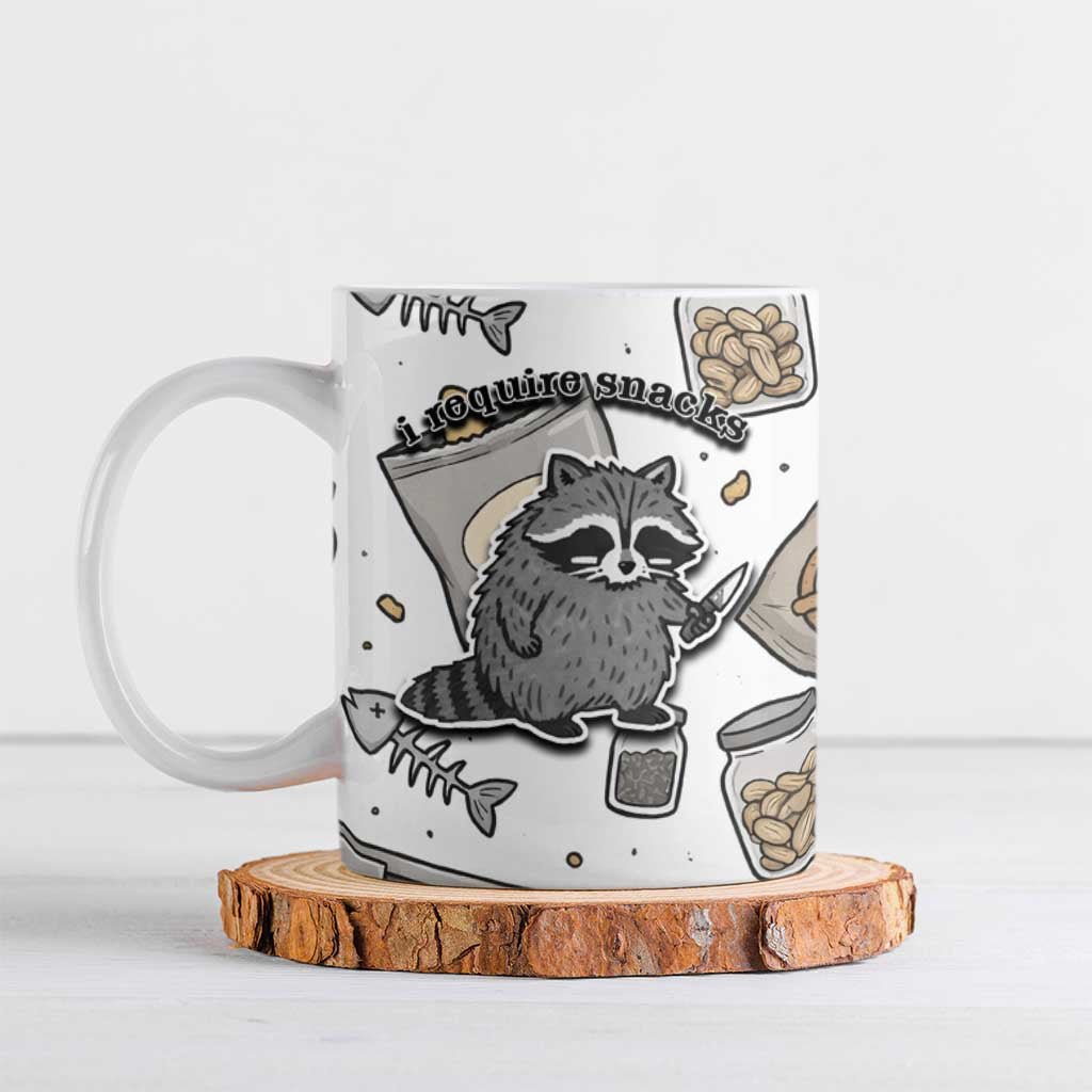 I Require Snacks Raccoon Ceramic Mug Cute Bandit Raccoon Chaos with a Knife