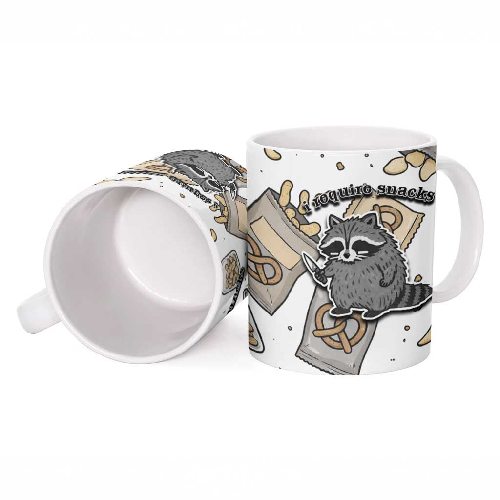 I Require Snacks Raccoon Ceramic Mug Cute Bandit Raccoon Chaos with a Knife