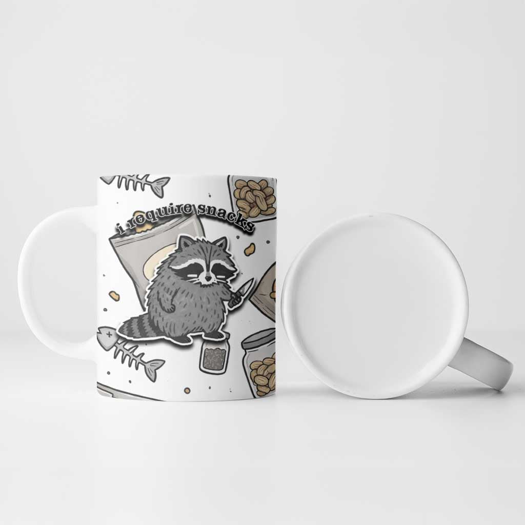 I Require Snacks Raccoon Ceramic Mug Cute Bandit Raccoon Chaos with a Knife