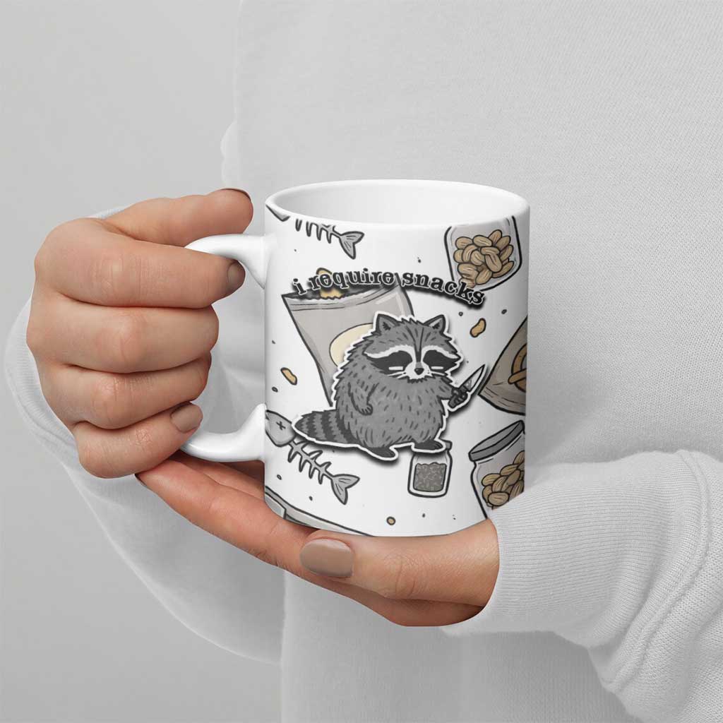 I Require Snacks Raccoon Ceramic Mug Cute Bandit Raccoon Chaos with a Knife