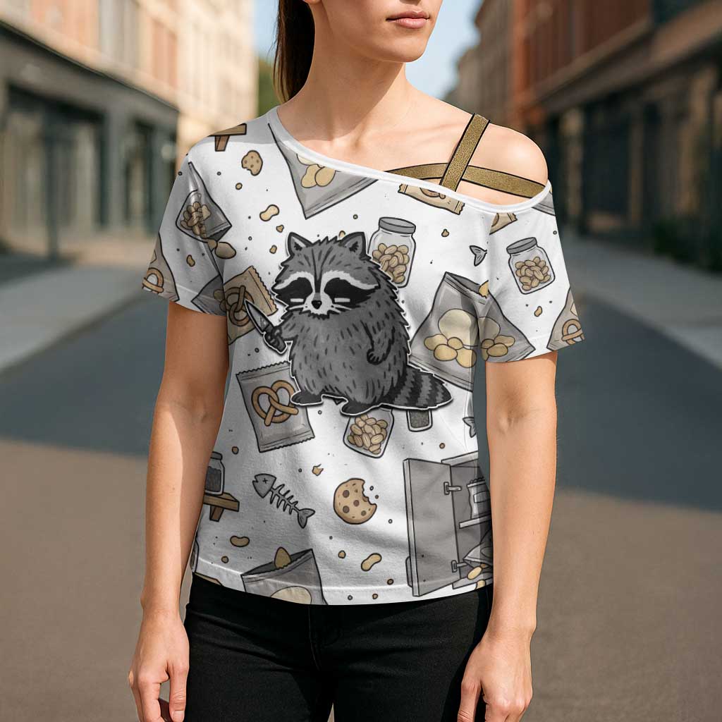 I Require Snacks Raccoon Cross Shoulder Shirt Cute Bandit Raccoon Chaos with a Knife