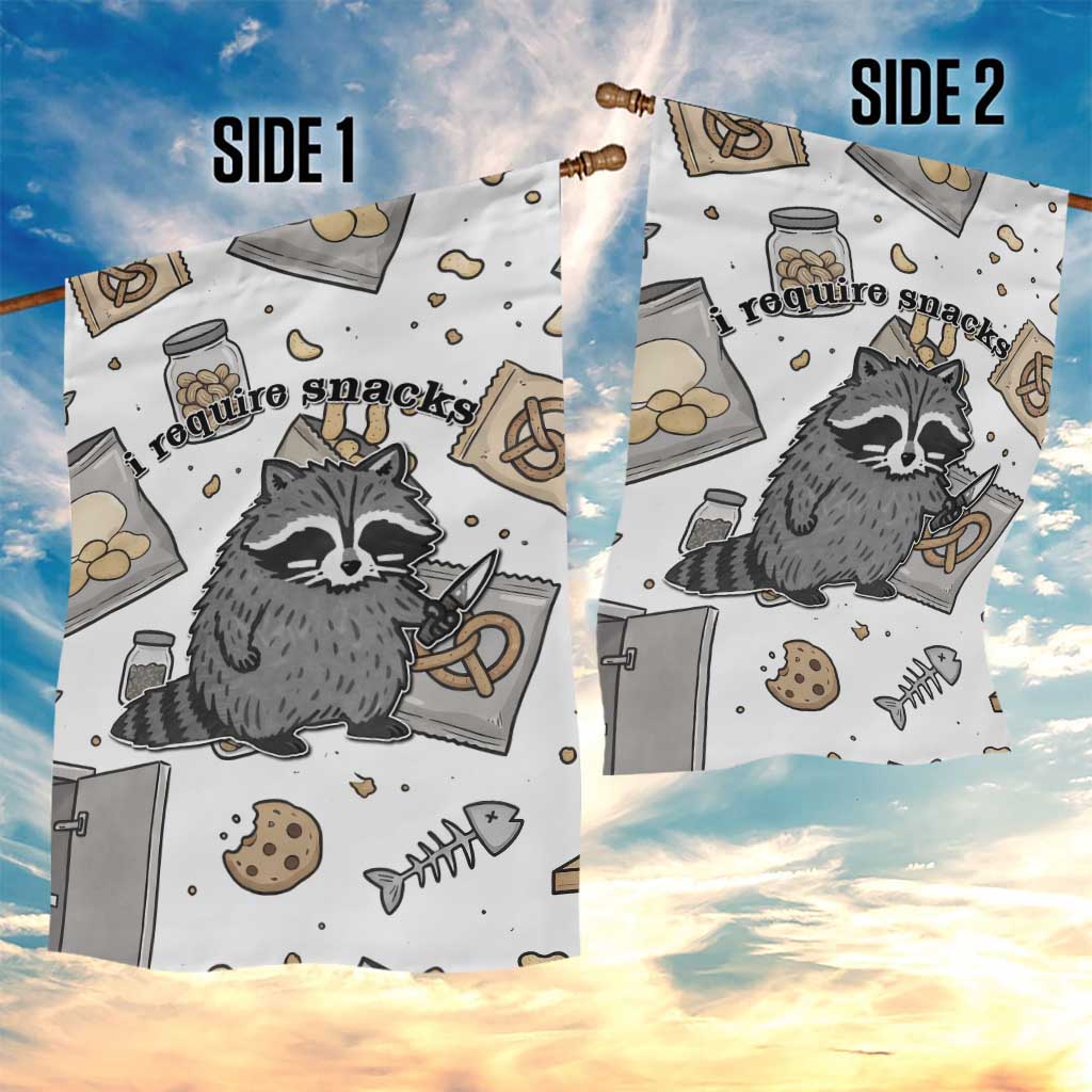 I Require Snacks Raccoon Garden Flag Cute Bandit Raccoon Chaos with a Knife
