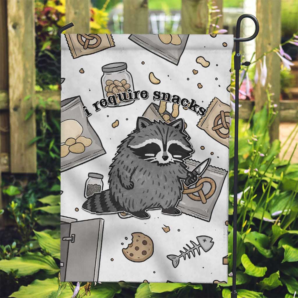 I Require Snacks Raccoon Garden Flag Cute Bandit Raccoon Chaos with a Knife