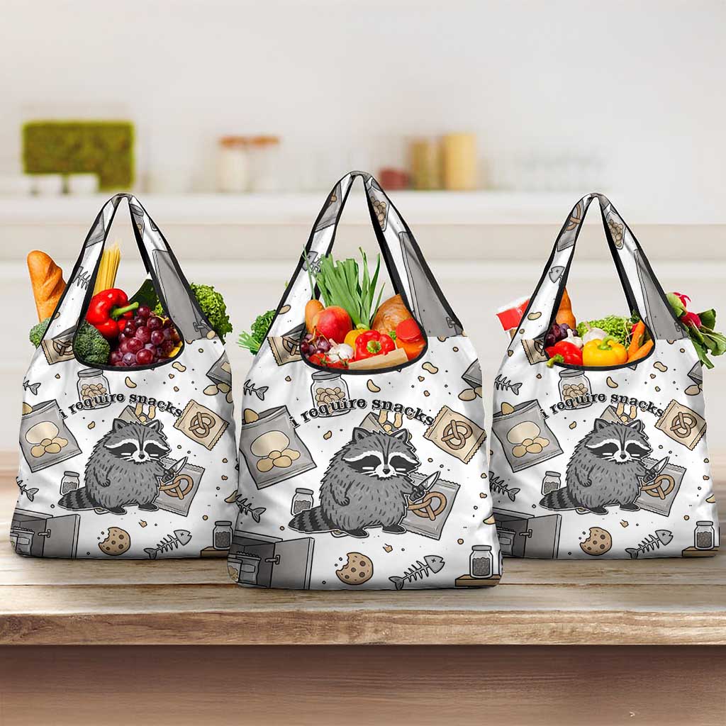 I Require Snacks Raccoon Grocery Bag Cute Bandit Raccoon Chaos with a Knife