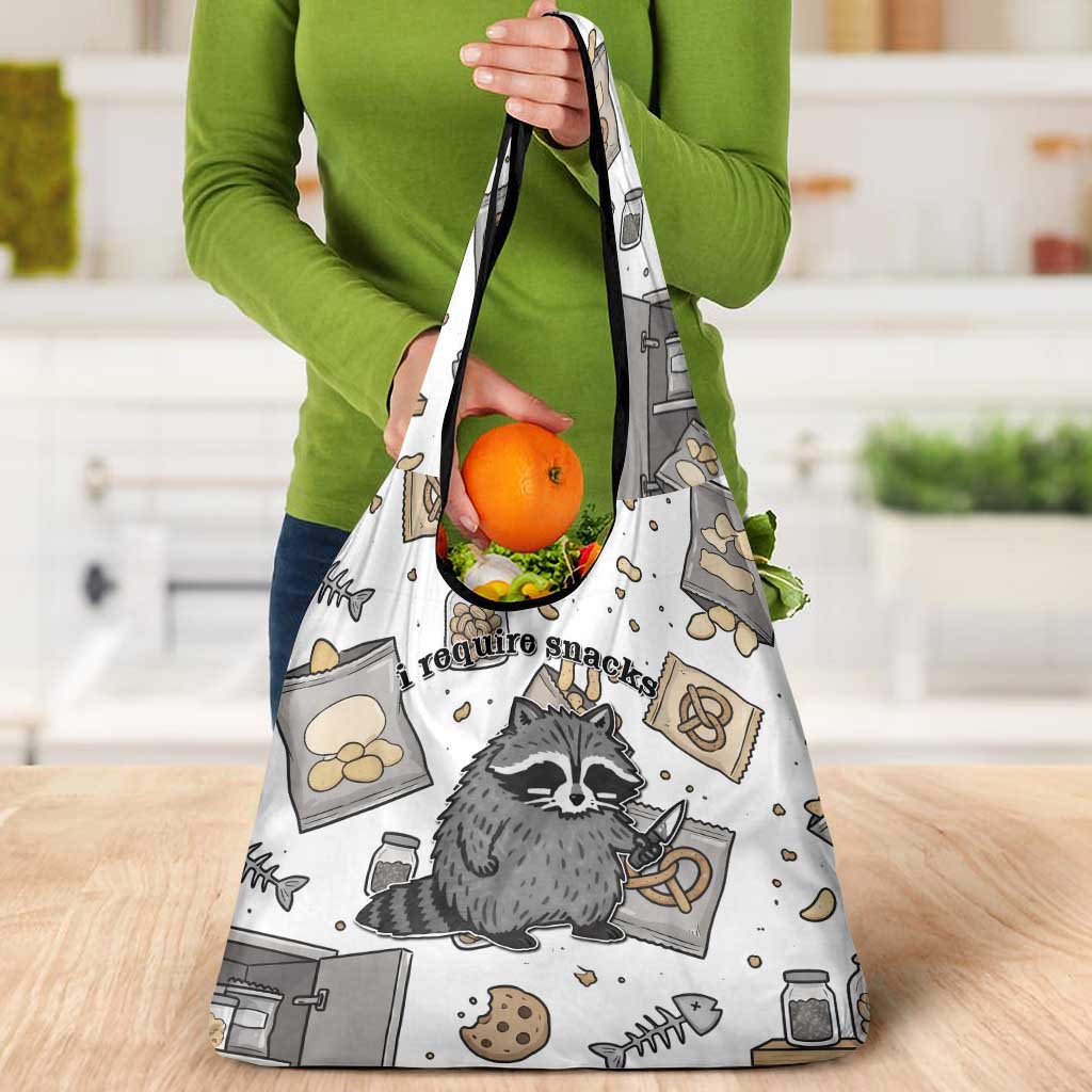 I Require Snacks Raccoon Grocery Bag Cute Bandit Raccoon Chaos with a Knife