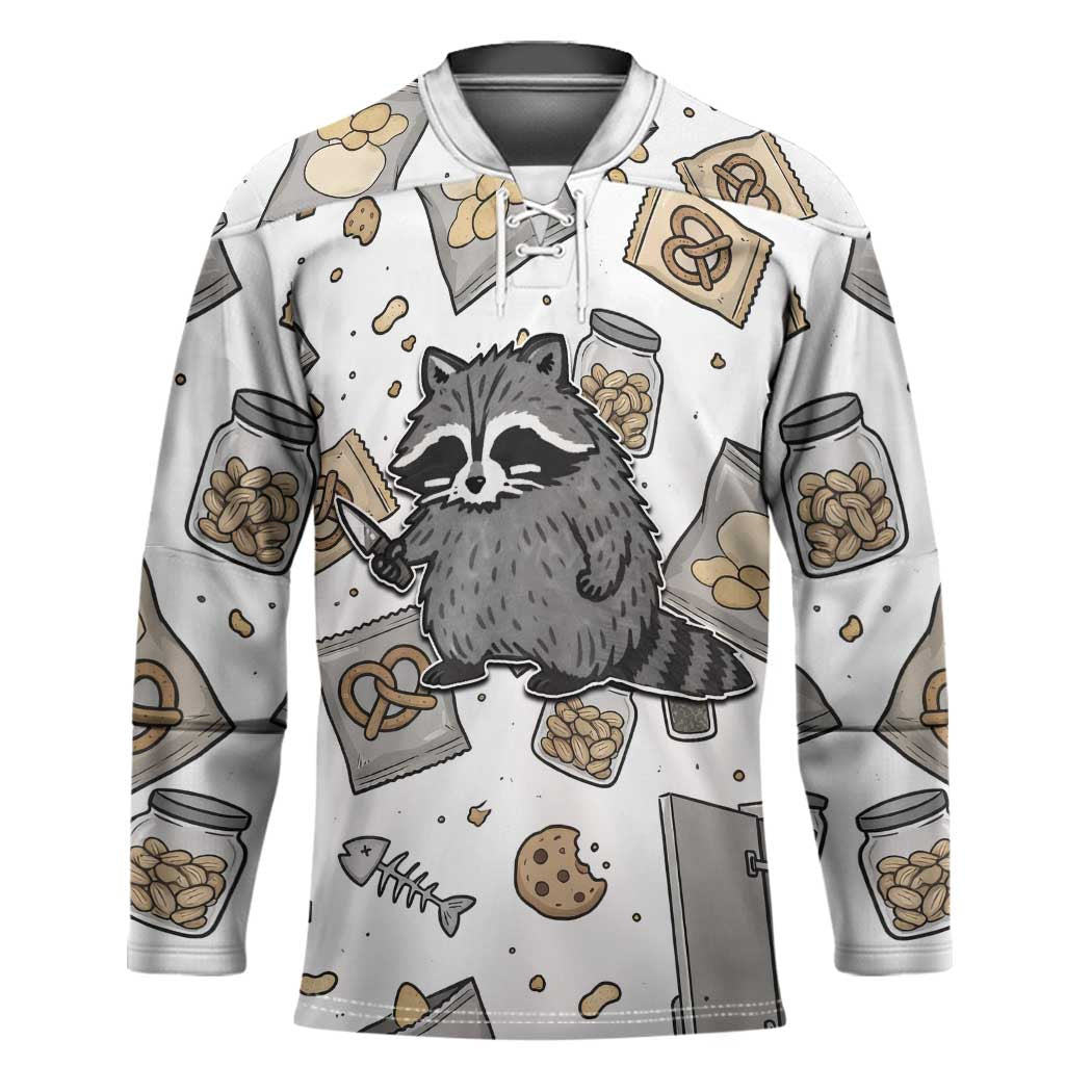 I Require Snacks Raccoon Hockey Jersey Cute Bandit Raccoon Chaos with a Knife