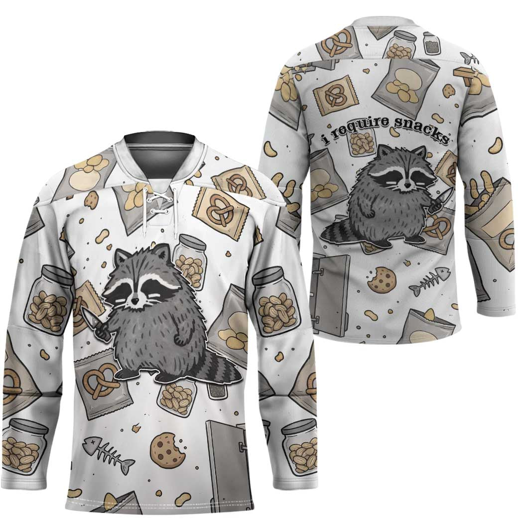 I Require Snacks Raccoon Hockey Jersey Cute Bandit Raccoon Chaos with a Knife