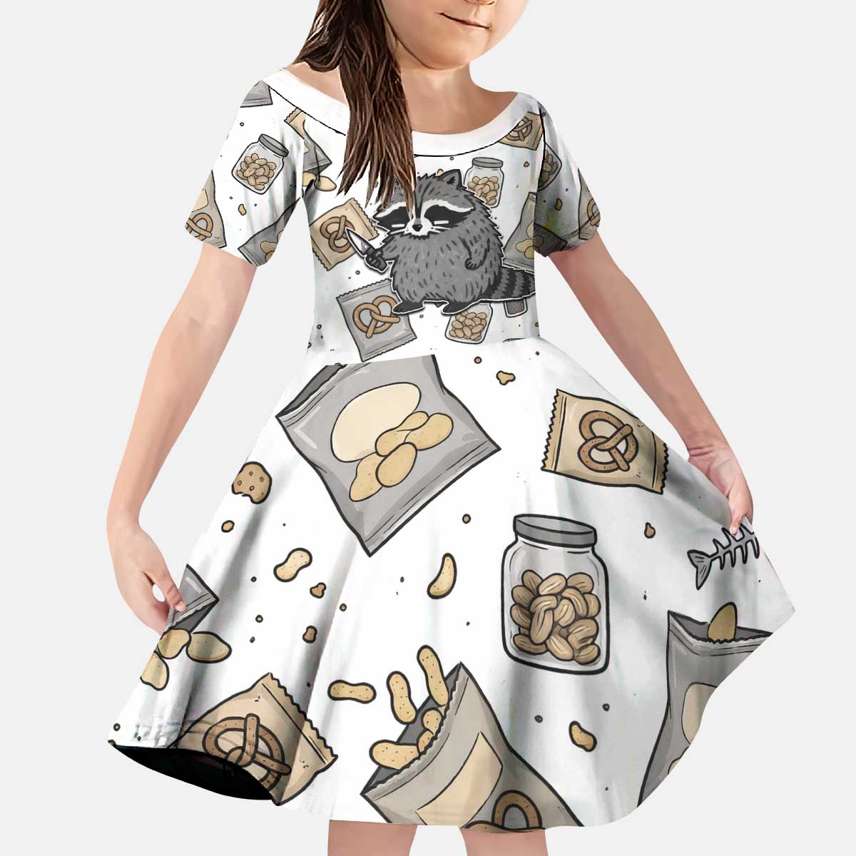 I Require Snacks Raccoon Kid Short Sleeve Dress Cute Bandit Raccoon Chaos with a Knife