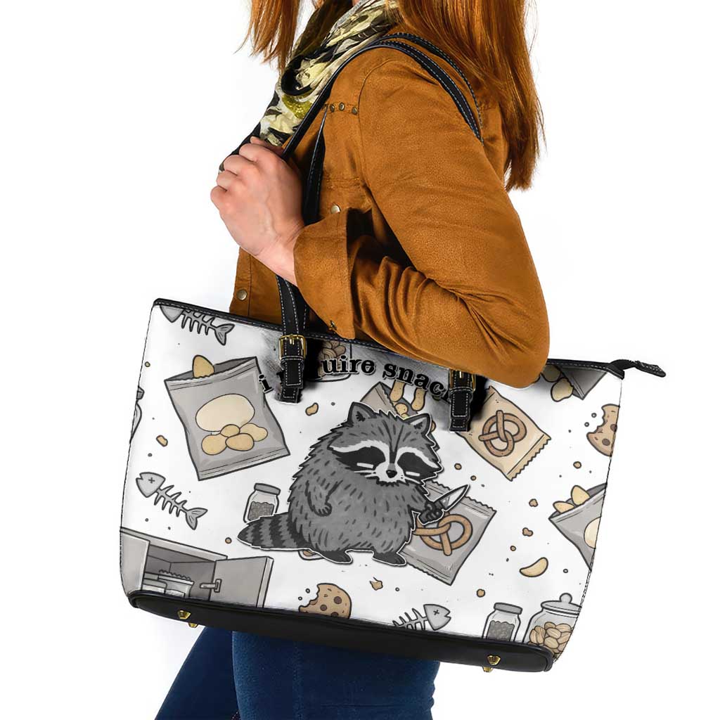 I Require Snacks Raccoon Leather Tote Bag Cute Bandit Raccoon Chaos with a Knife