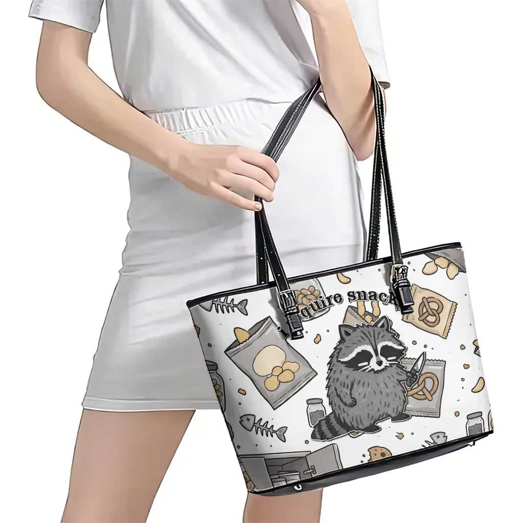 I Require Snacks Raccoon Leather Tote Bag Cute Bandit Raccoon Chaos with a Knife
