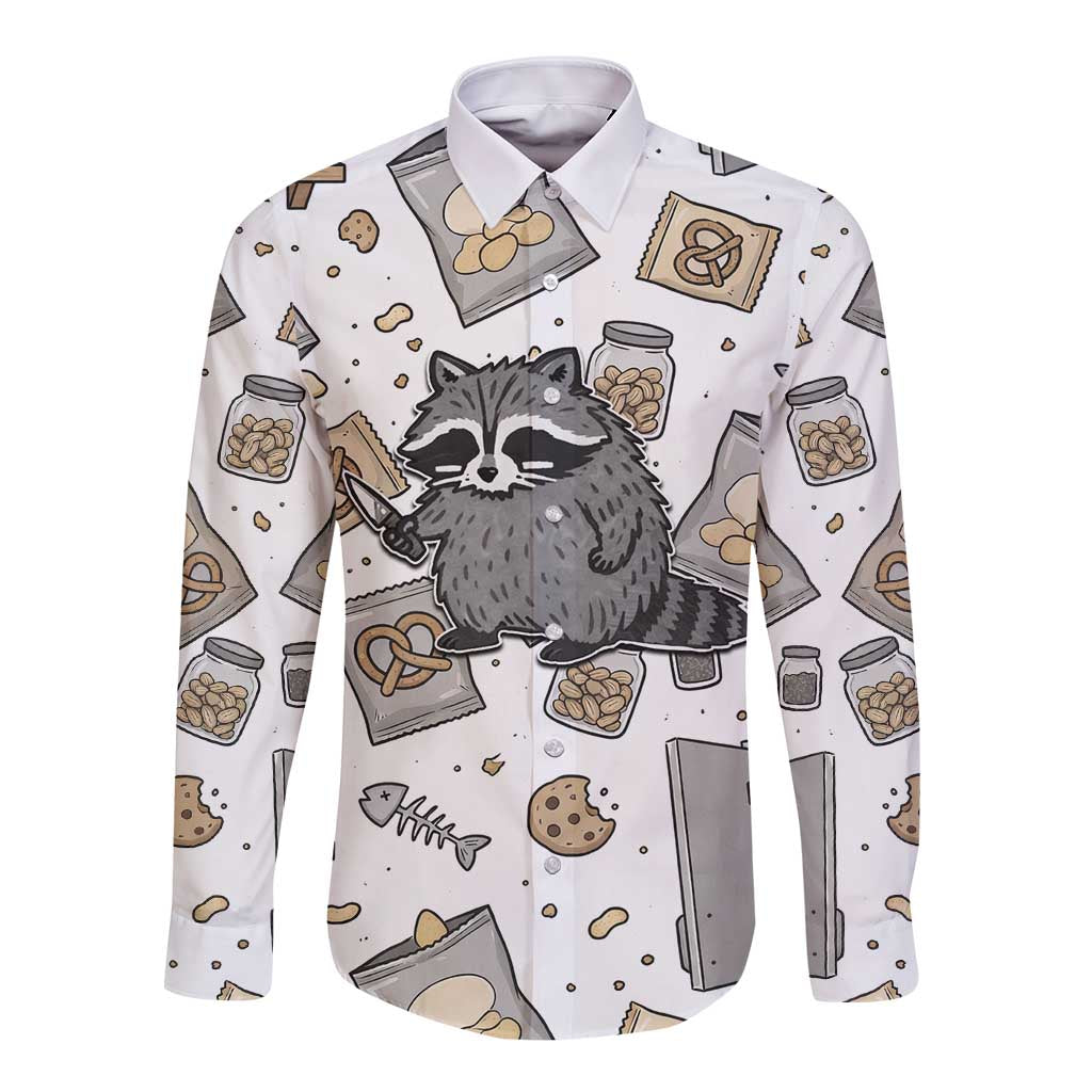 I Require Snacks Raccoon Long Sleeve Button Shirt Cute Bandit Raccoon Chaos with a Knife