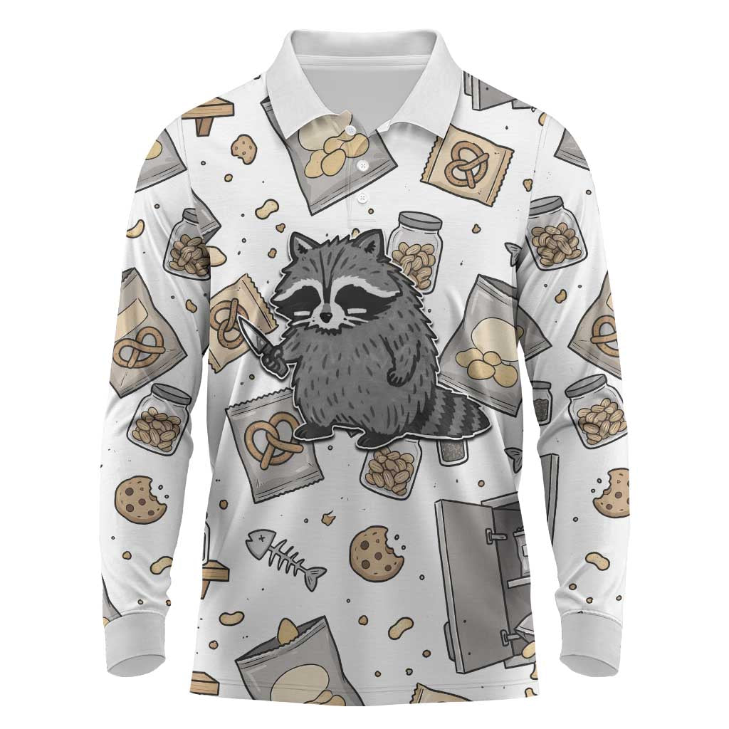 I Require Snacks Raccoon Long Sleeve Polo Shirt Cute Bandit Raccoon Chaos with a Knife