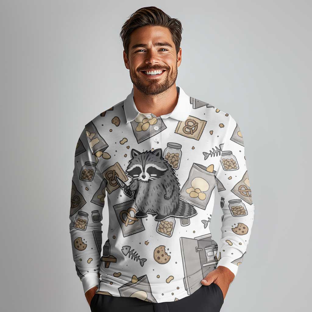 I Require Snacks Raccoon Long Sleeve Polo Shirt Cute Bandit Raccoon Chaos with a Knife