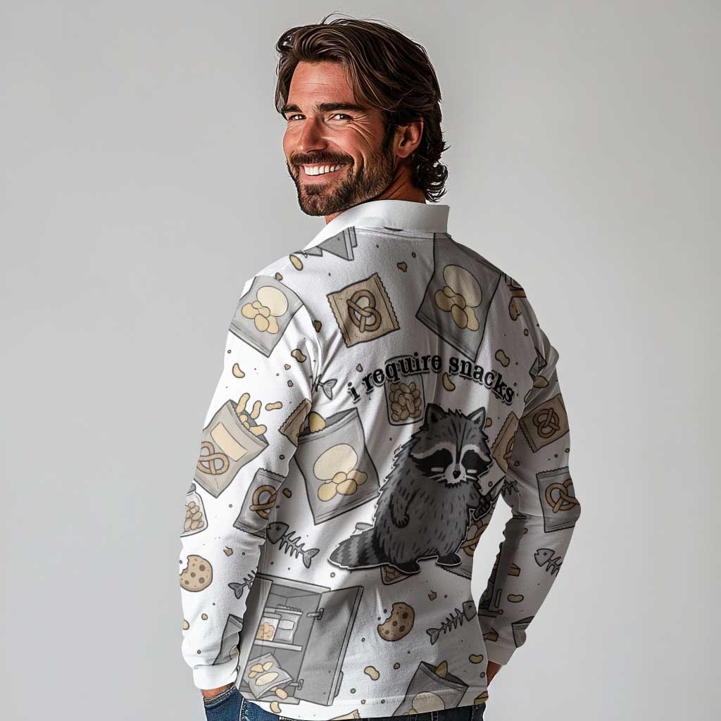 I Require Snacks Raccoon Long Sleeve Polo Shirt Cute Bandit Raccoon Chaos with a Knife