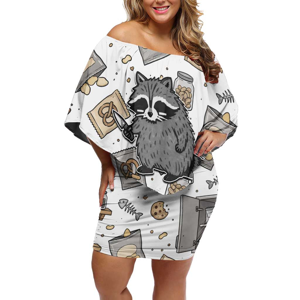 I Require Snacks Raccoon Off Shoulder Short Dress Cute Bandit Raccoon Chaos with a Knife