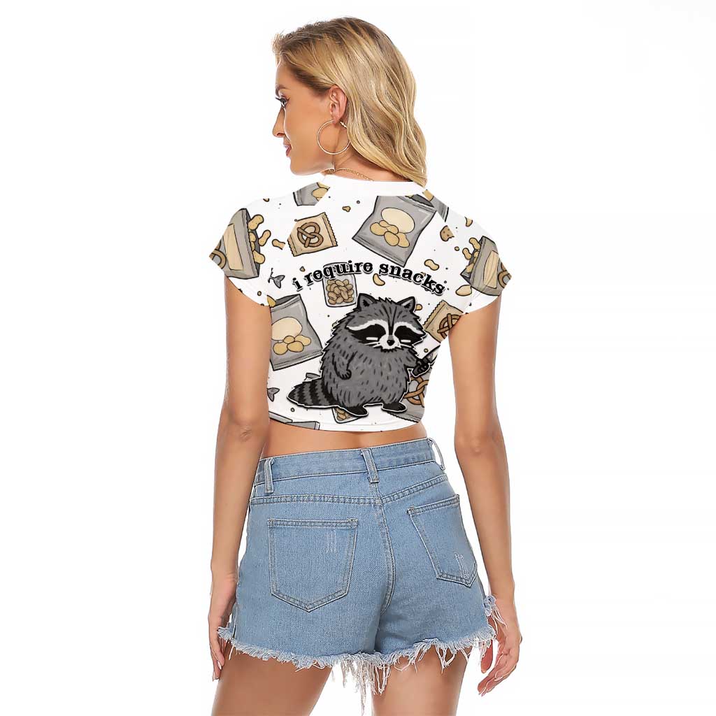 I Require Snacks Raccoon Raglan Cropped T Shirt Cute Bandit Raccoon Chaos with a Knife