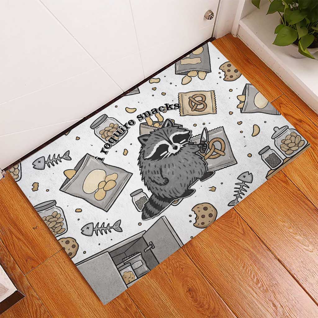 I Require Snacks Raccoon Rubber Doormat Cute Bandit Raccoon Chaos with a Knife