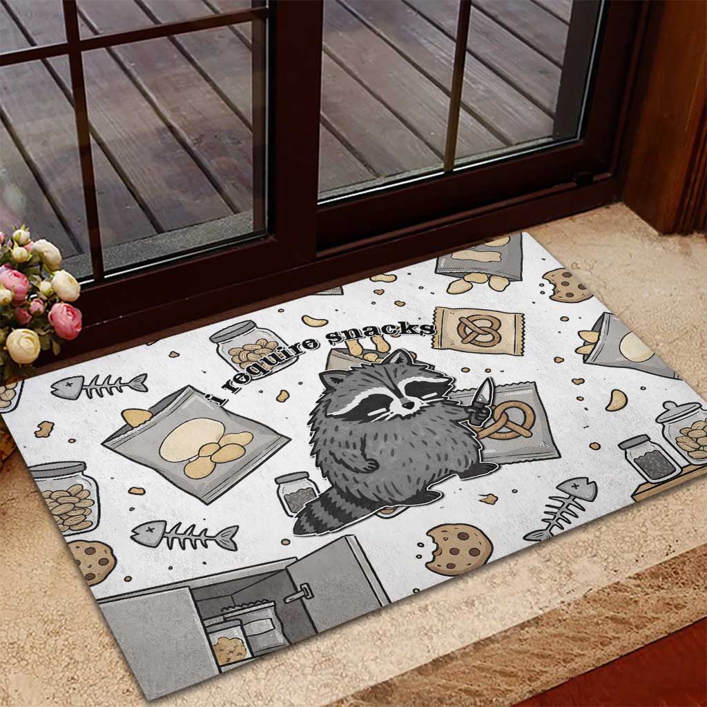 I Require Snacks Raccoon Rubber Doormat Cute Bandit Raccoon Chaos with a Knife