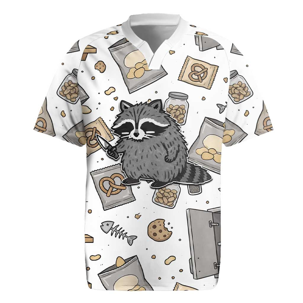 I Require Snacks Raccoon Rugby Jersey Cute Bandit Raccoon Chaos with a Knife