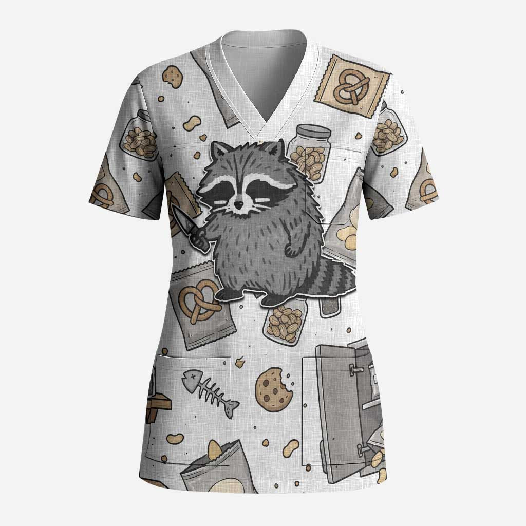 I Require Snacks Raccoon Scrub Top Cute Bandit Raccoon Chaos with a Knife