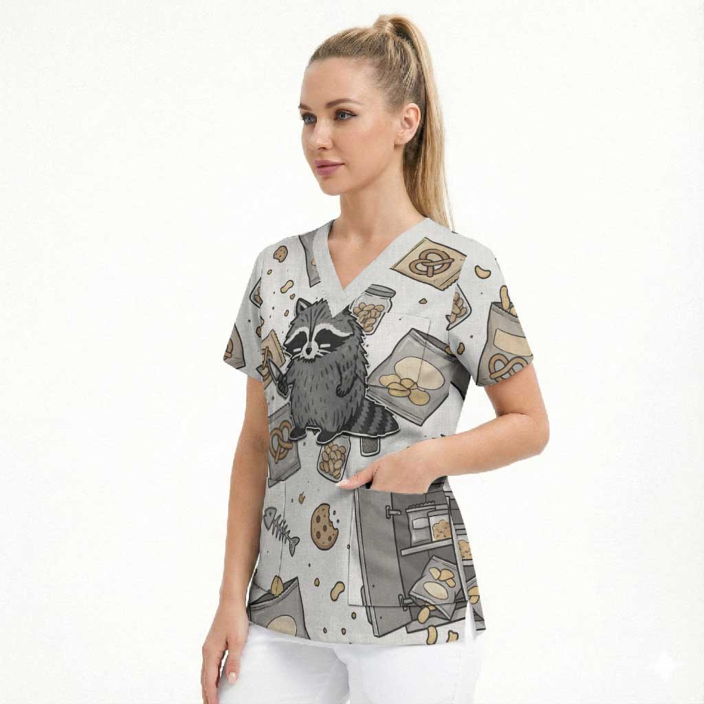 I Require Snacks Raccoon Scrub Top Cute Bandit Raccoon Chaos with a Knife
