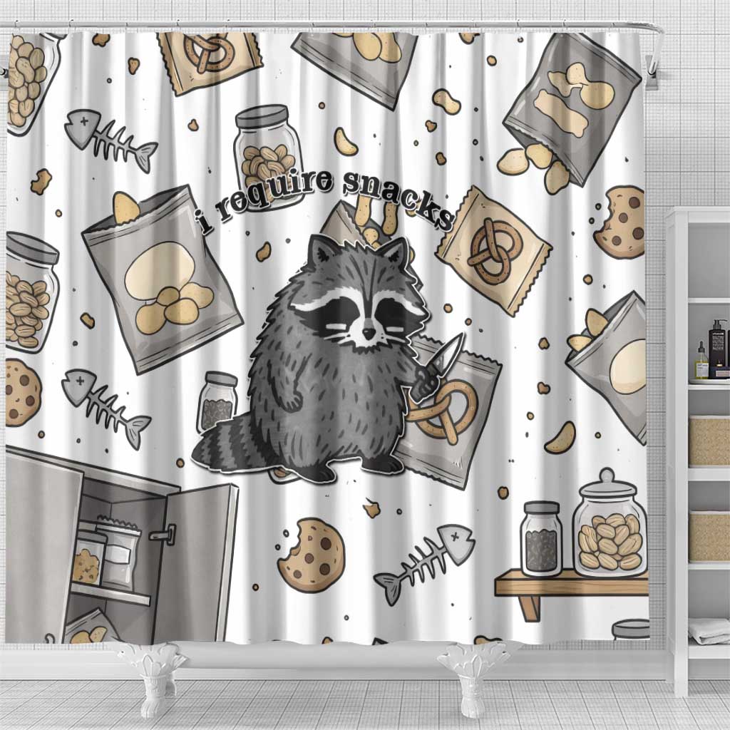 I Require Snacks Raccoon Shower Curtain Cute Bandit Raccoon Chaos with a Knife