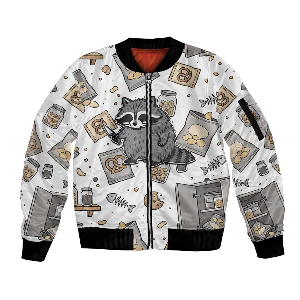I Require Snacks Raccoon Sleeve Zip Bomber Jacket Cute Bandit Raccoon Chaos with a Knife