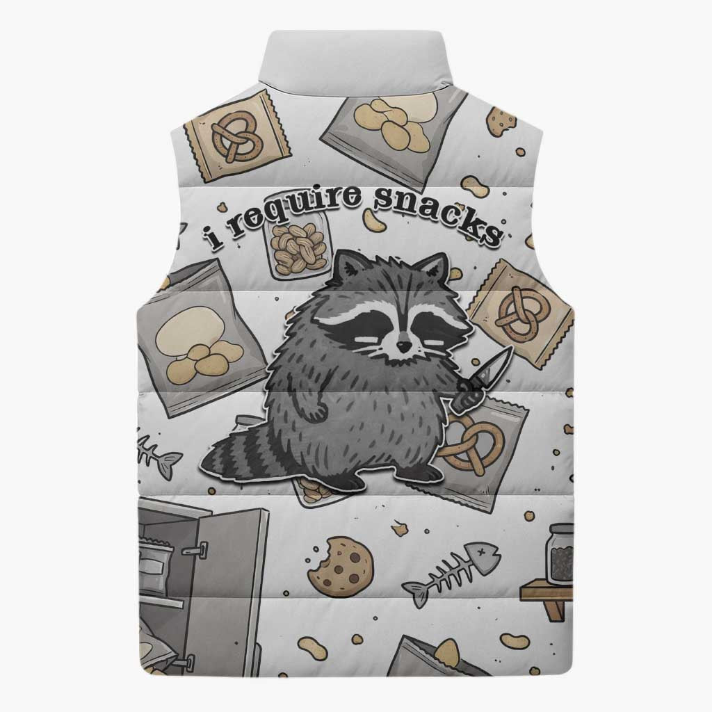I Require Snacks Raccoon Sleeveless Puffer Jacket Cute Bandit Raccoon Chaos with a Knife
