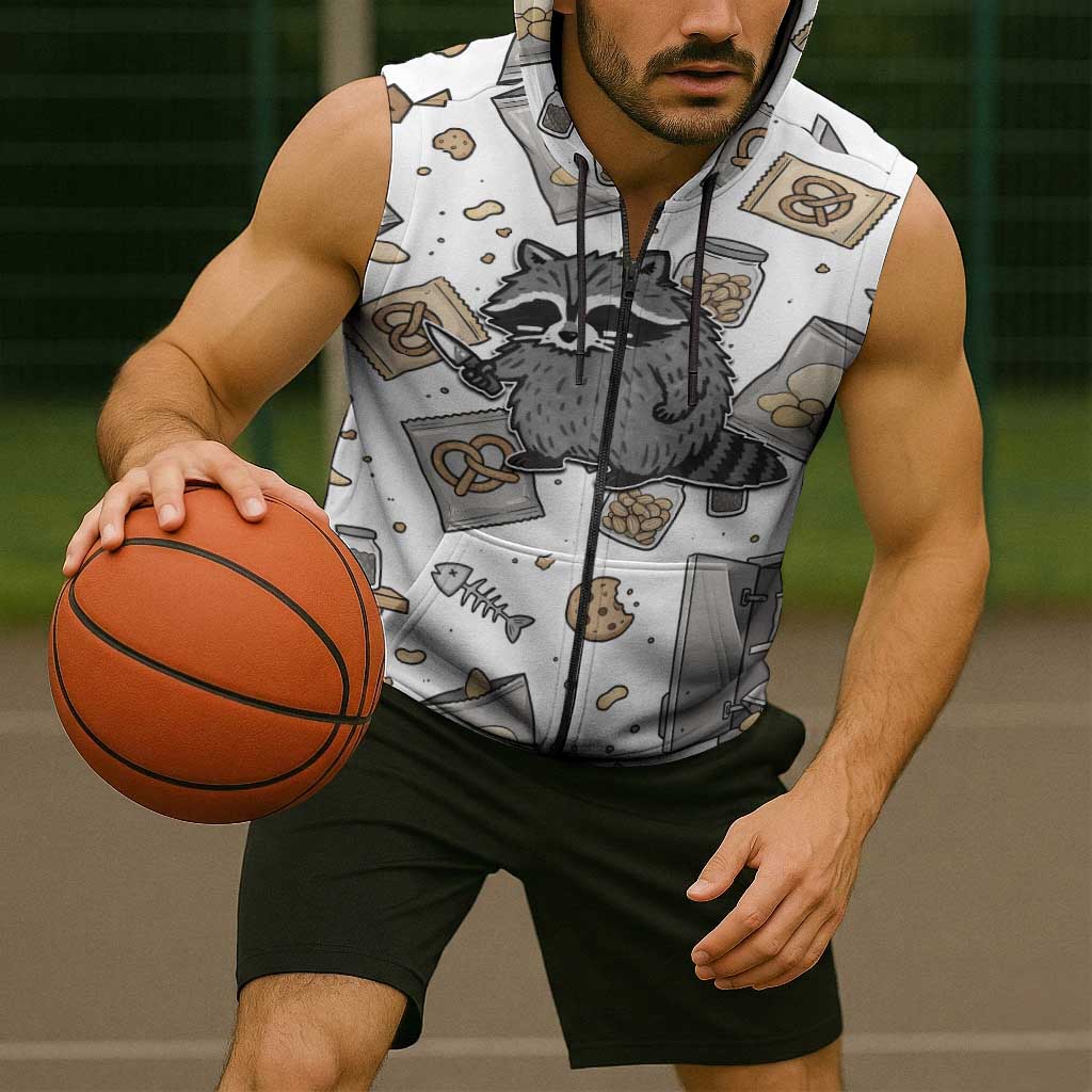 I Require Snacks Raccoon Sleeveless Zip Hoodie Cute Bandit Raccoon Chaos with a Knife