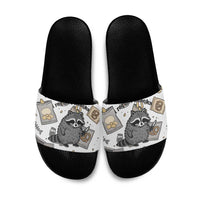 I Require Snacks Raccoon Slide Sandals Cute Bandit Raccoon Chaos with a Knife