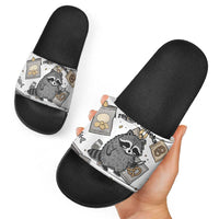 I Require Snacks Raccoon Slide Sandals Cute Bandit Raccoon Chaos with a Knife