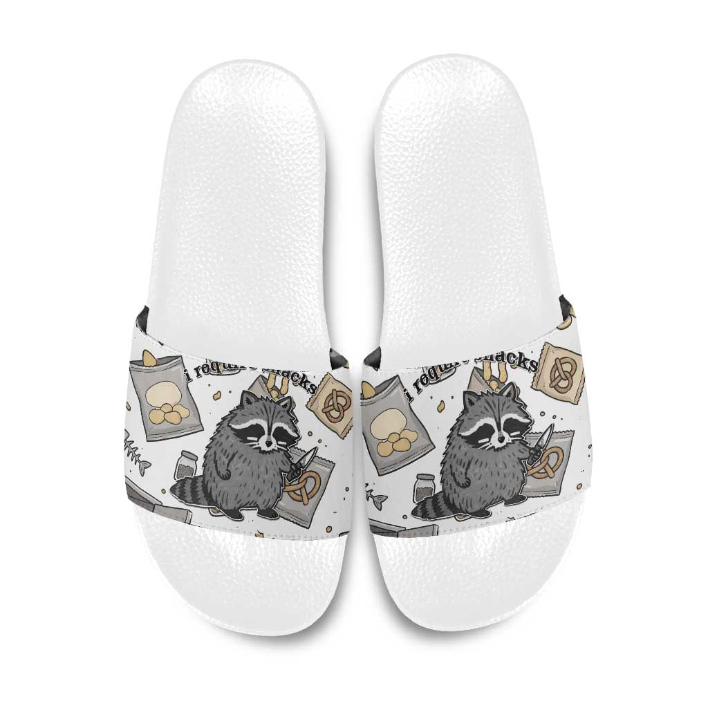 I Require Snacks Raccoon Slide Sandals Cute Bandit Raccoon Chaos with a Knife