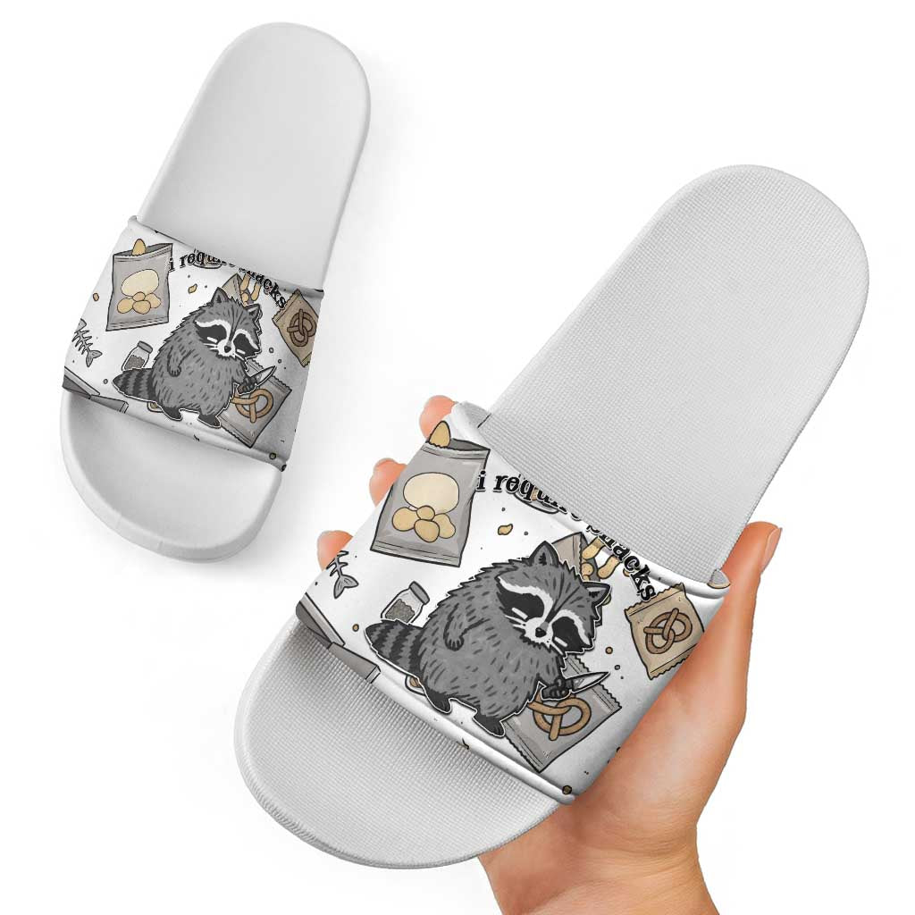 I Require Snacks Raccoon Slide Sandals Cute Bandit Raccoon Chaos with a Knife