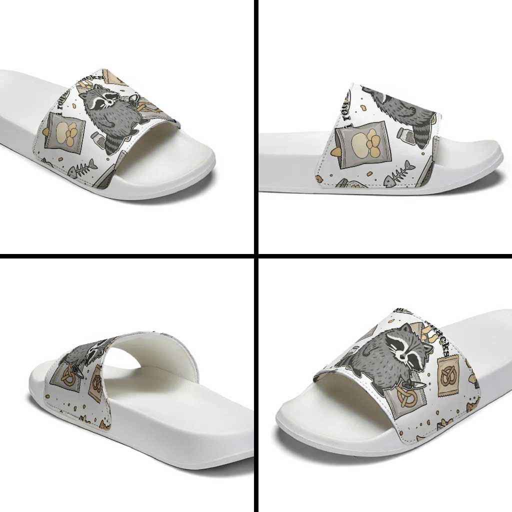 I Require Snacks Raccoon Slide Sandals Cute Bandit Raccoon Chaos with a Knife
