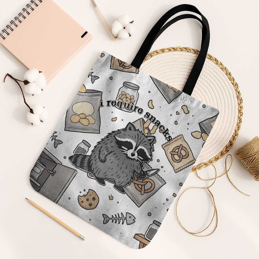 I Require Snacks Raccoon Tote Bag Cute Bandit Raccoon Chaos with a Knife