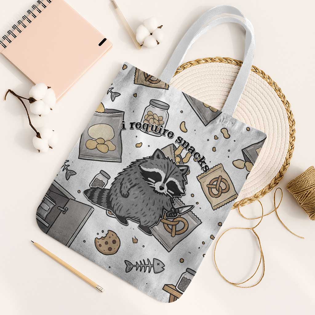 I Require Snacks Raccoon Tote Bag Cute Bandit Raccoon Chaos with a Knife