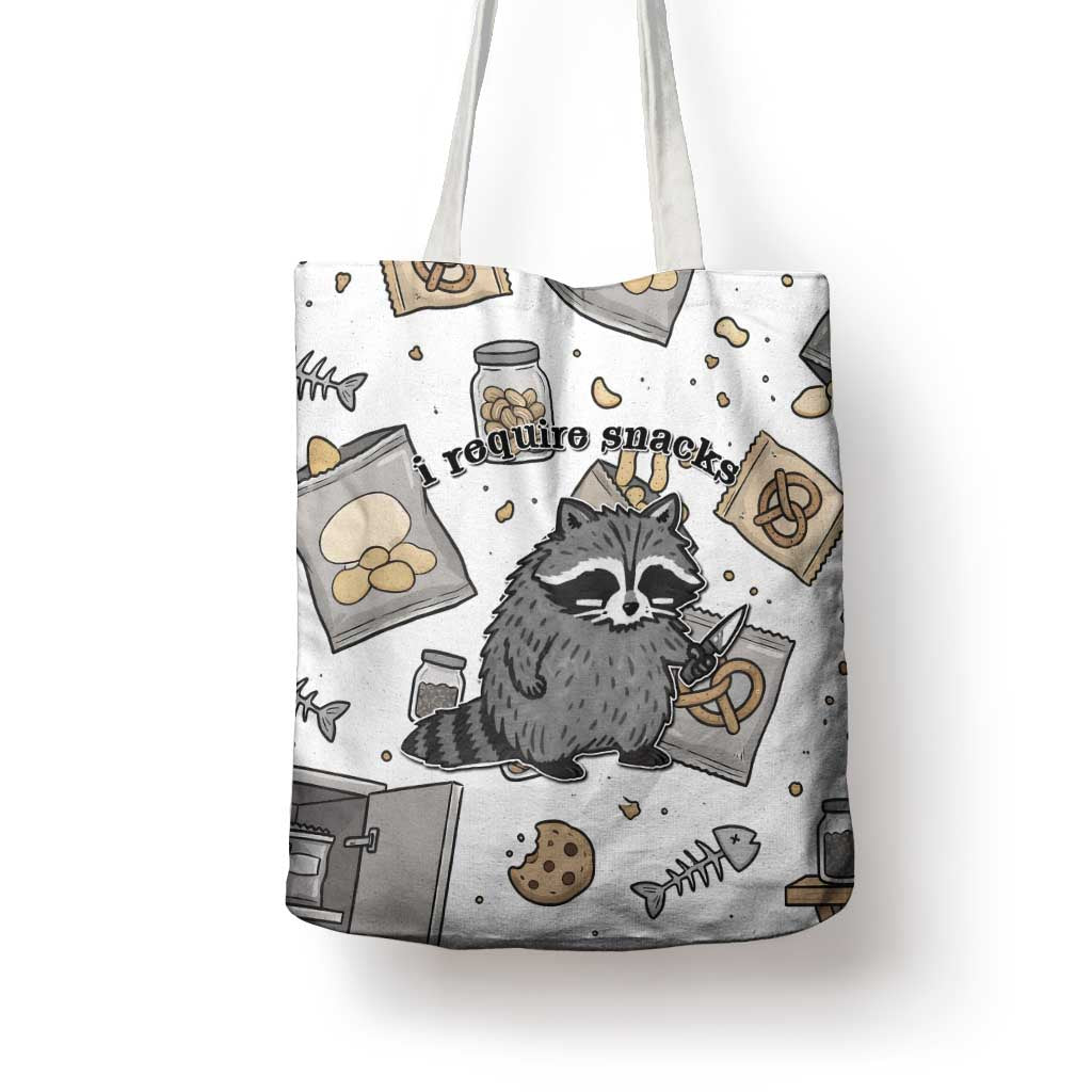 I Require Snacks Raccoon Tote Bag Cute Bandit Raccoon Chaos with a Knife