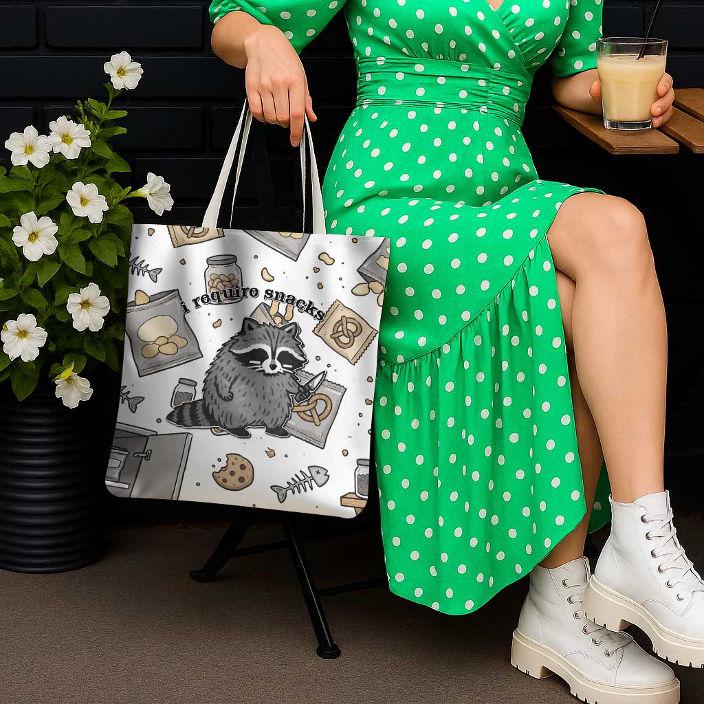 I Require Snacks Raccoon Tote Bag Cute Bandit Raccoon Chaos with a Knife