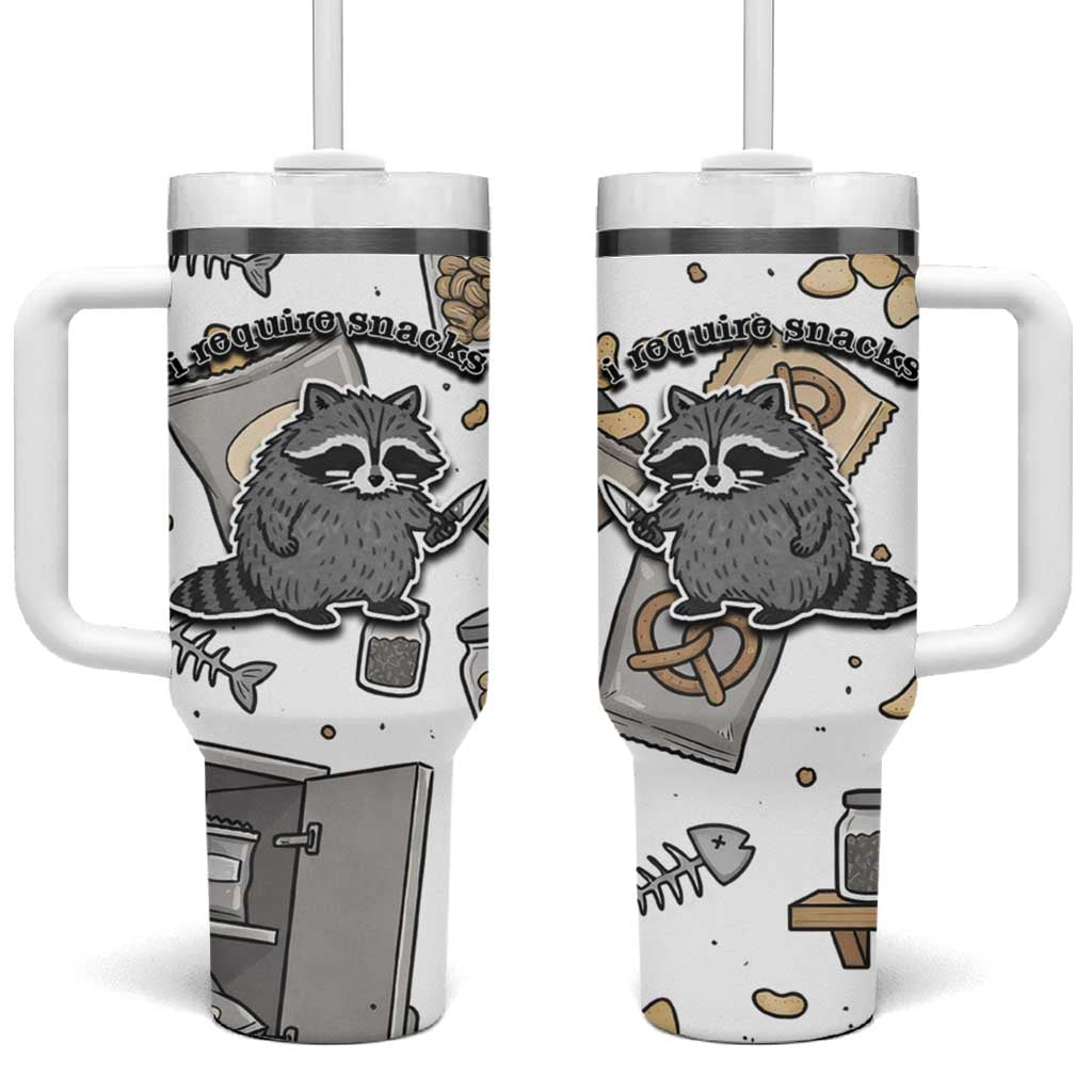 I Require Snacks Raccoon Tumbler With Handle Cute Bandit Raccoon Chaos with a Knife