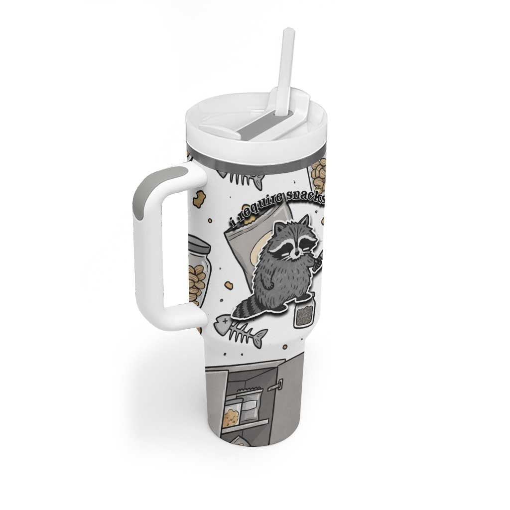 I Require Snacks Raccoon Tumbler With Handle Cute Bandit Raccoon Chaos with a Knife