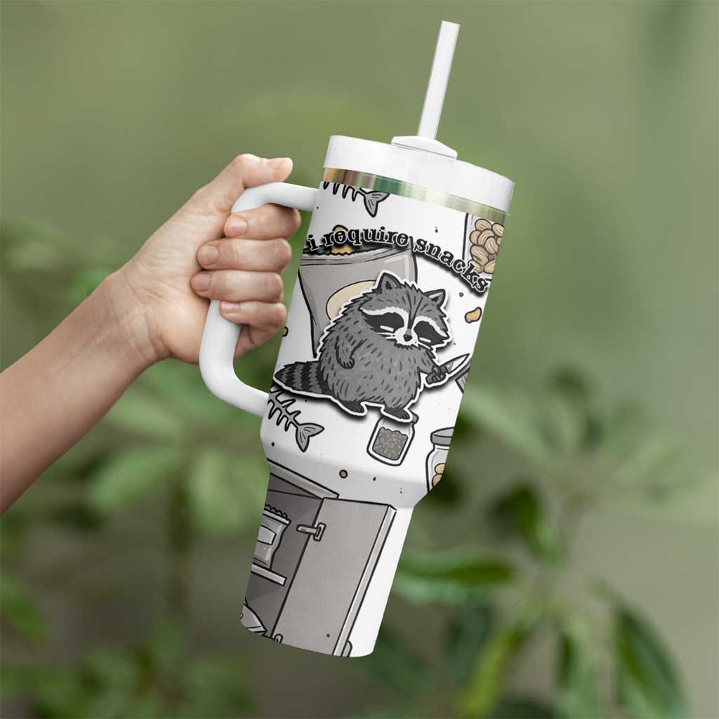 I Require Snacks Raccoon Tumbler With Handle Cute Bandit Raccoon Chaos with a Knife