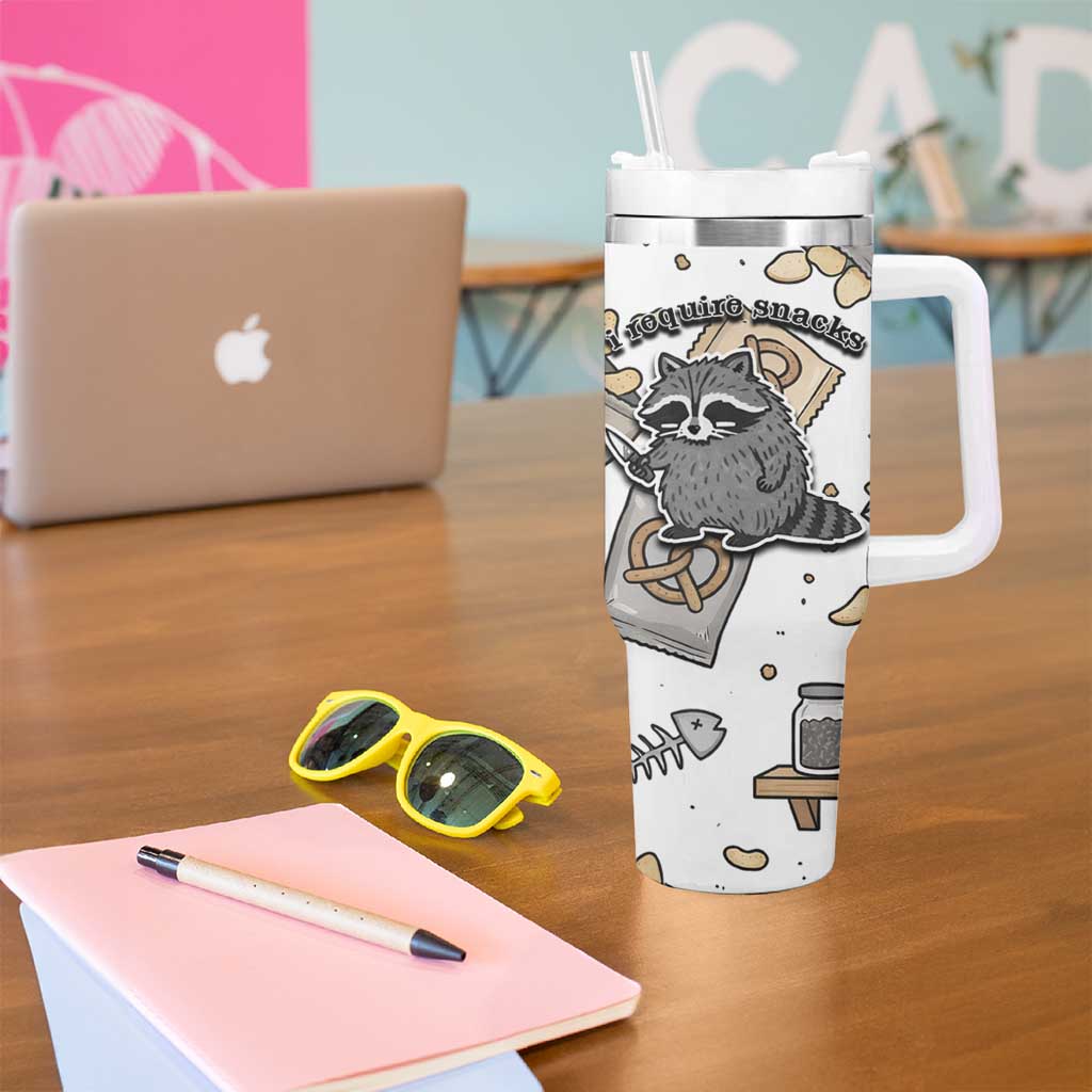I Require Snacks Raccoon Tumbler With Handle Cute Bandit Raccoon Chaos with a Knife