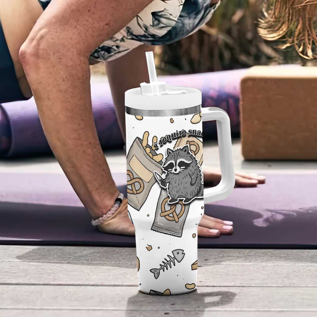 I Require Snacks Raccoon Tumbler With Handle Cute Bandit Raccoon Chaos with a Knife