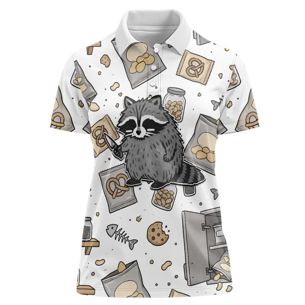 I Require Snacks Raccoon Women Polo Shirt Cute Bandit Raccoon Chaos with a Knife