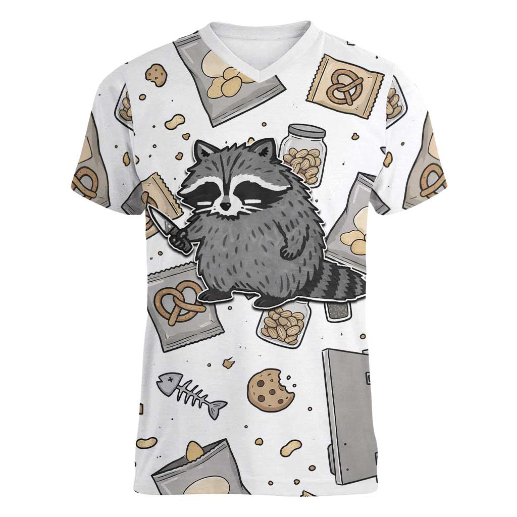 I Require Snacks Raccoon Women V-Neck T-Shirt Cute Bandit Raccoon Chaos with a Knife