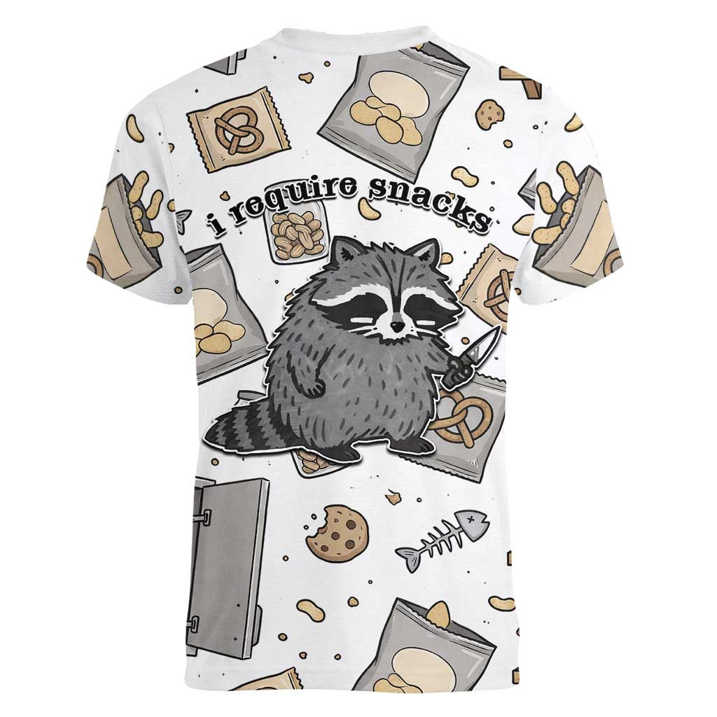 I Require Snacks Raccoon Women V-Neck T-Shirt Cute Bandit Raccoon Chaos with a Knife