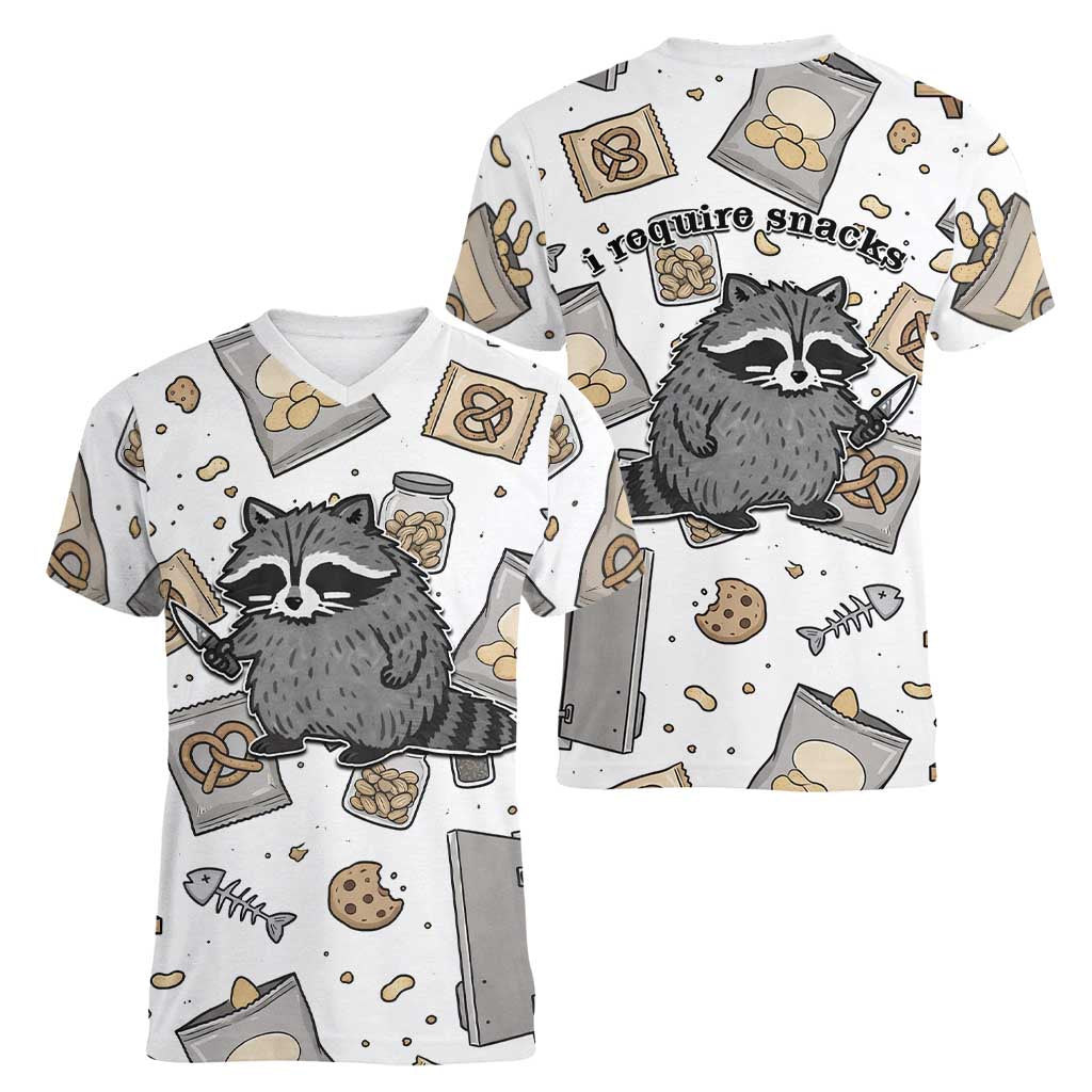I Require Snacks Raccoon Women V-Neck T-Shirt Cute Bandit Raccoon Chaos with a Knife