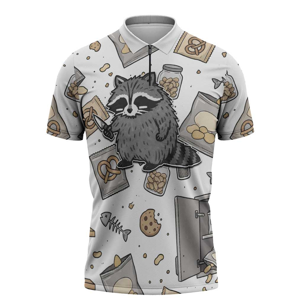 I Require Snacks Raccoon Zipper Polo Shirt Cute Bandit Raccoon Chaos with a Knife