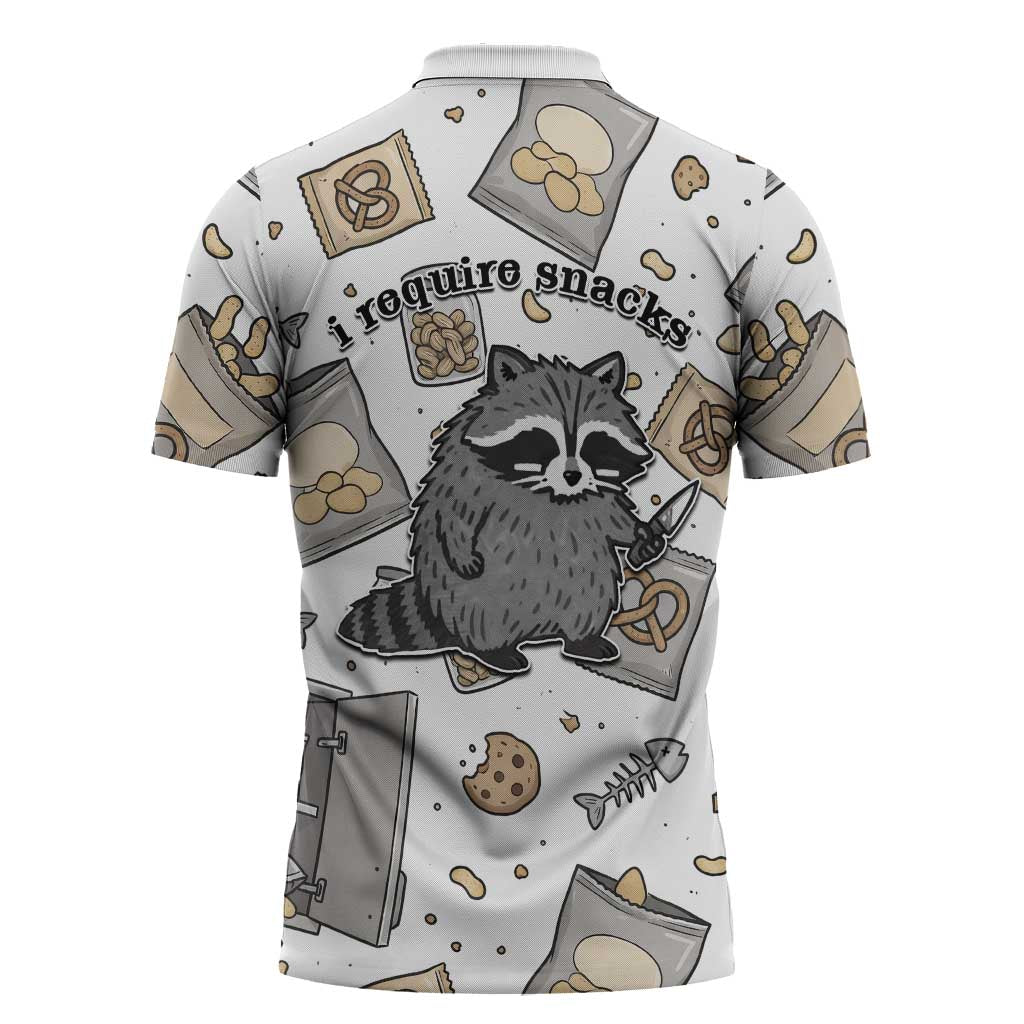 I Require Snacks Raccoon Zipper Polo Shirt Cute Bandit Raccoon Chaos with a Knife
