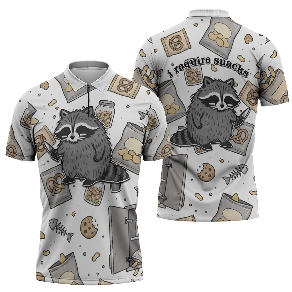 I Require Snacks Raccoon Zipper Polo Shirt Cute Bandit Raccoon Chaos with a Knife
